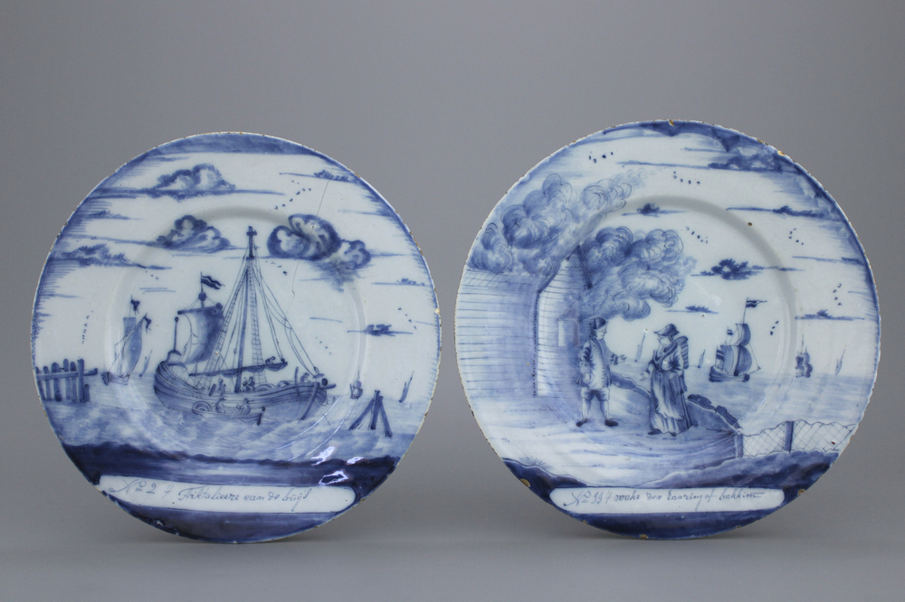 A pair of Dutch Delft blue and white herring plates, 18th C.