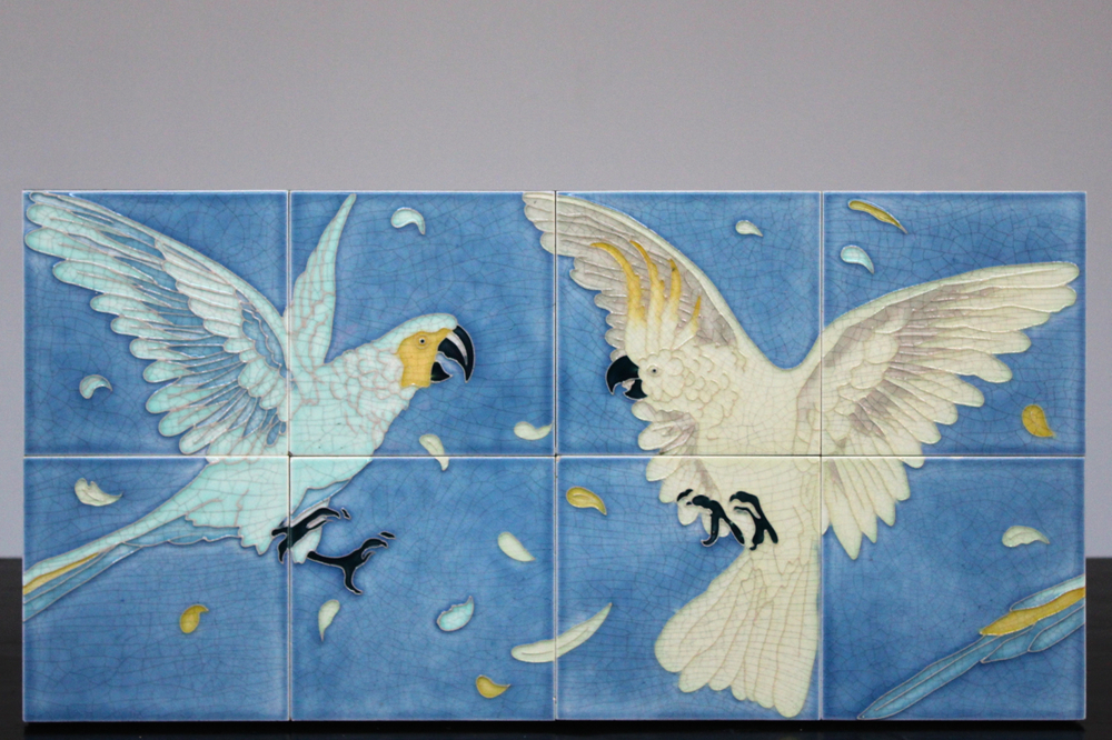 A Hemiksem Gilliot &amp; Cie. Art Nouveau tile panel ca. 1900 with fighting birds