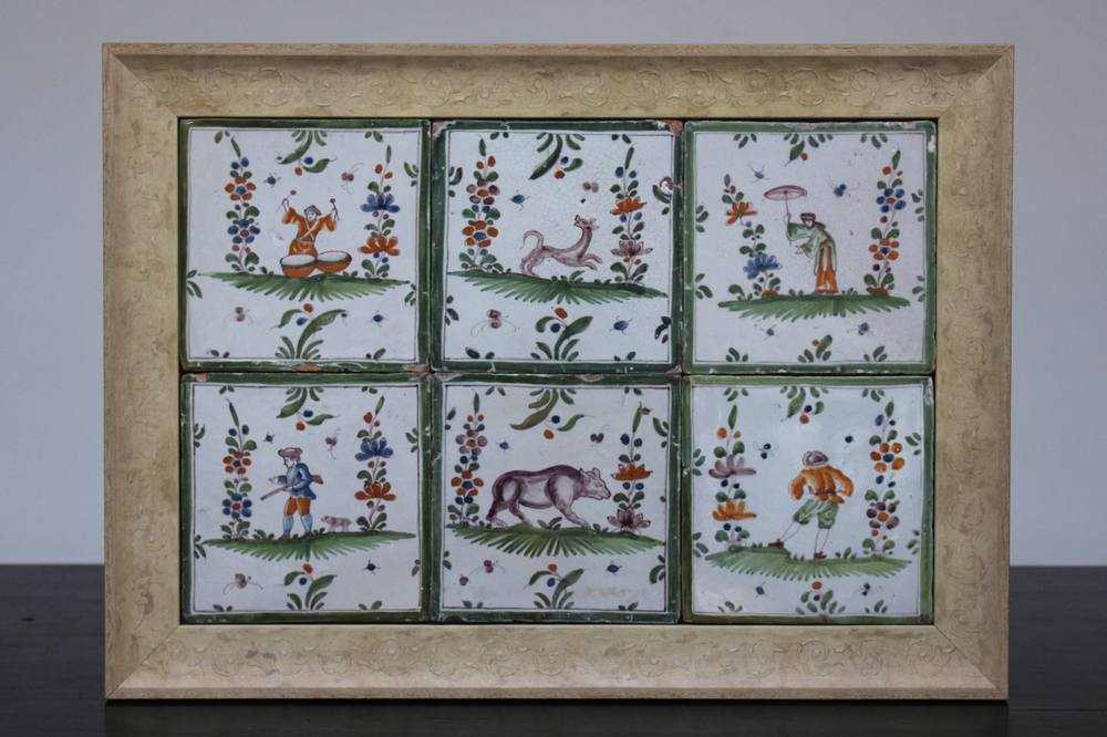 A framed set of 6 rectangular French faience Bordeaux tiles, 18th C.