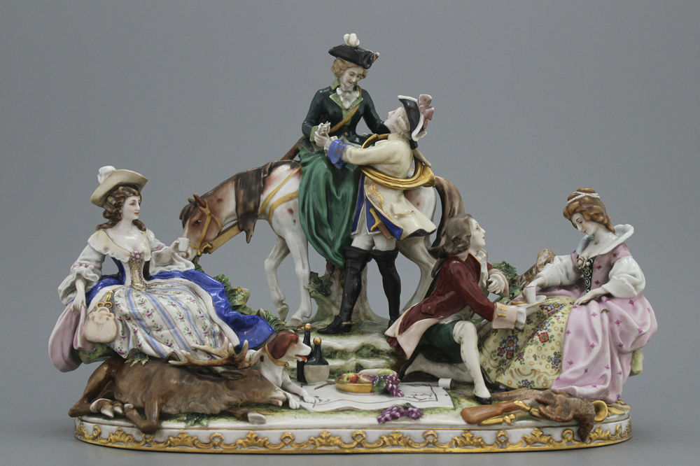 A large German porcelain group with a pic-nic scene after the hunt, Scheibe Alsbach, 19th/20 C.