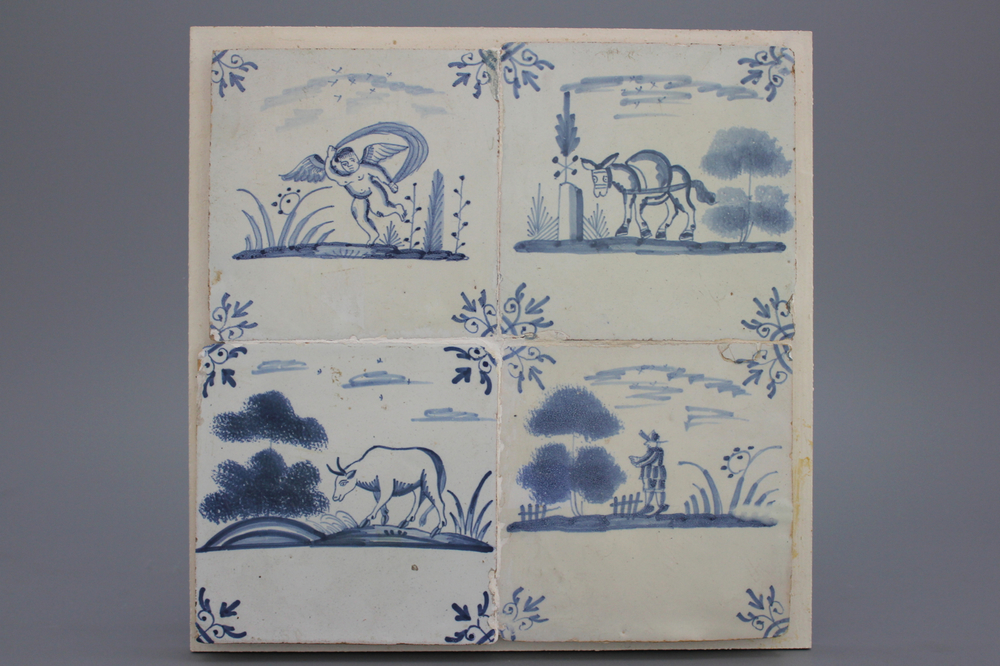 A set of 4 German blue and white Delft tiles, 18th C.