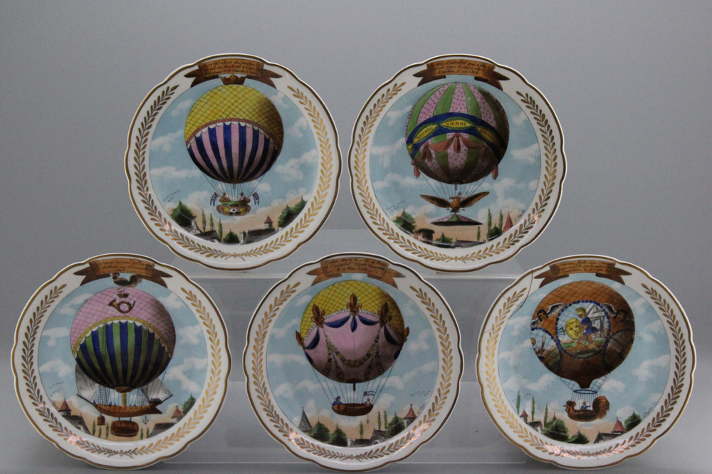 A set of 5 S&egrave;vres porcelain &quot;Hot air balloon&quot; plates, 19th C.