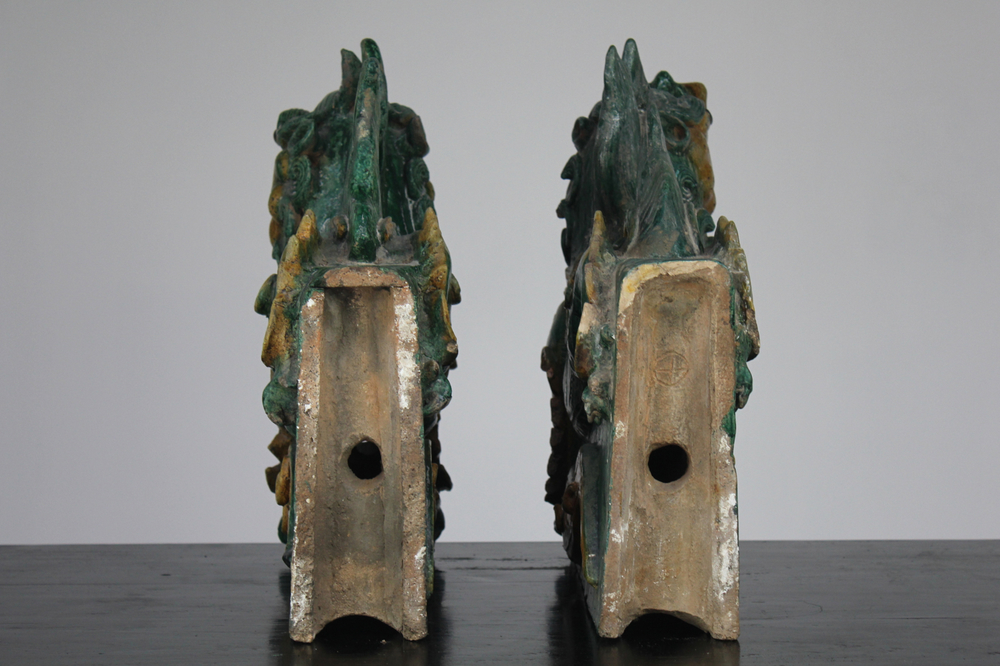 An impressive pair of sancai glazed roof tiles, possibly Ming dynasty