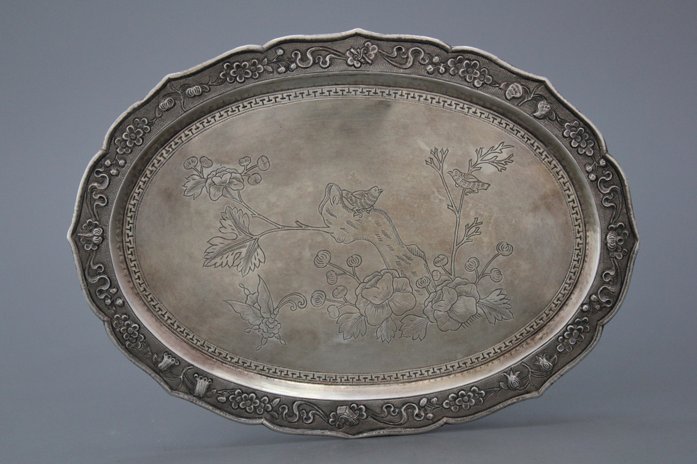 A fine Chinese silver tray with cups, 19th C.