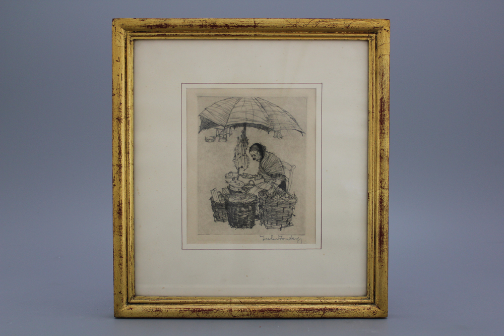 Jules Fonteyne (1878-1964), A woman selling fish, etching