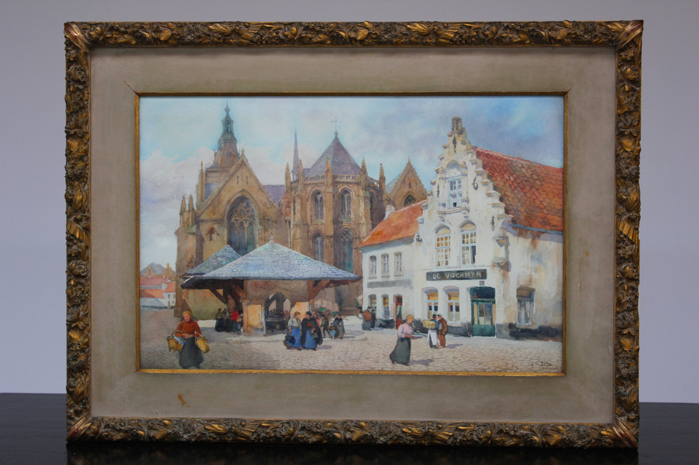 Louis Titz (1859-1932), aquarel, &quot;De Markt van Diksmuide&quot;, dated 1912