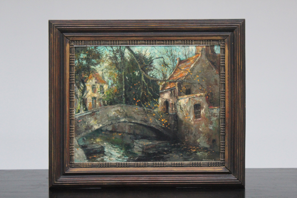Bernard Bosschaert (1935- ), Vue du pont St-Boniface &agrave; Bruges, huile sur toile
