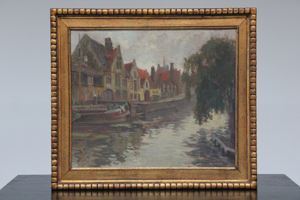 Alfred Van Neste (1874-1969), a view on the Groenerei in Bruges, gouache on board