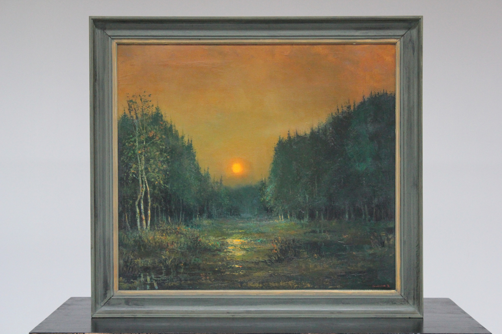 Bernard Bosschaert (1935- ), Zonsondergang in een bos, olie op doek