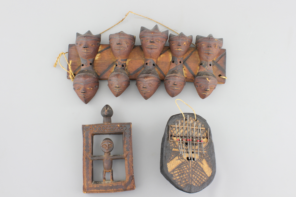 A group of 3 carved and painted wood items, Holo, Western Pende