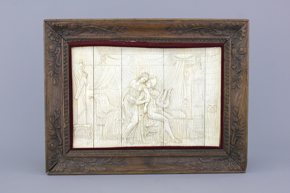A carved ivory panel depicting Apollo playing the lyra for Daphne, probably Dieppe, 19th C.