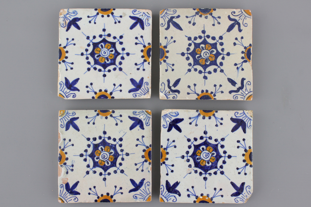 A set of 4 rare small format Dutch Delft tiles, 17th C.