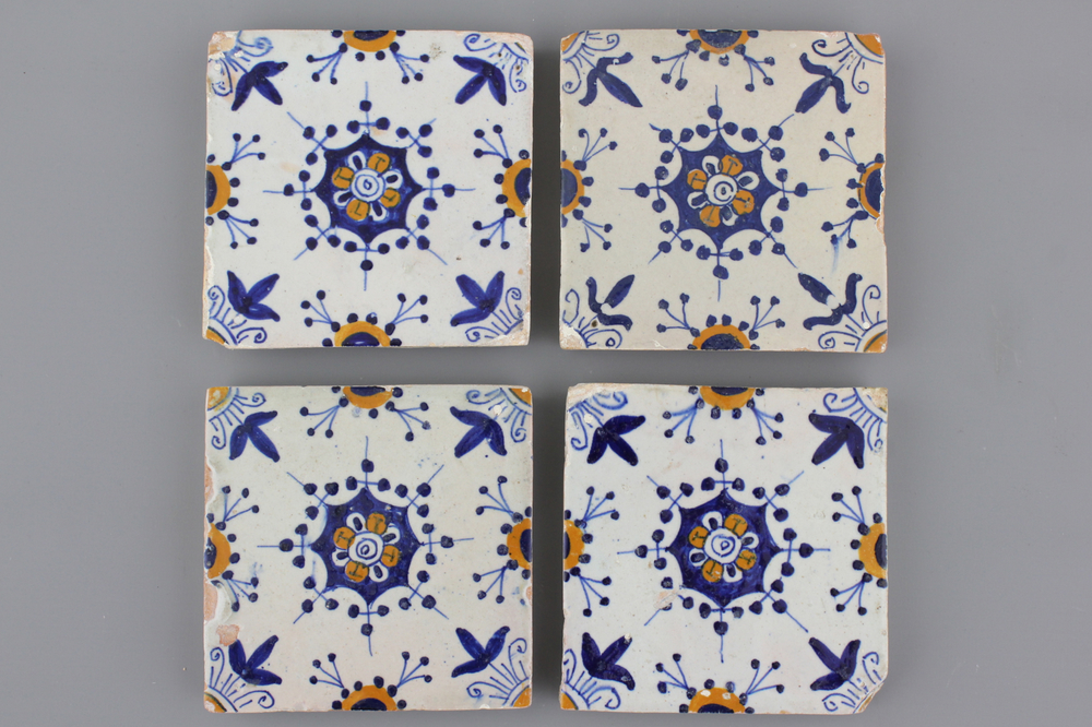 A set of 4 rare small format Dutch Delft tiles, 17th C.