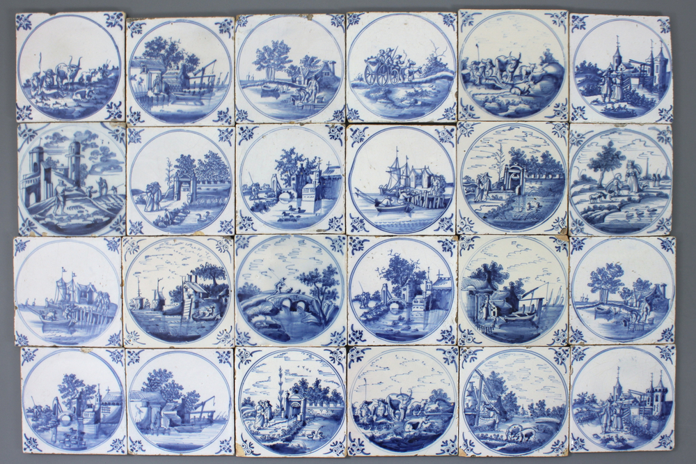 Lot de 24 carreaux avec m&eacute;daillons en fa&iuml;ence de Delft, bleu et blanc, 18e