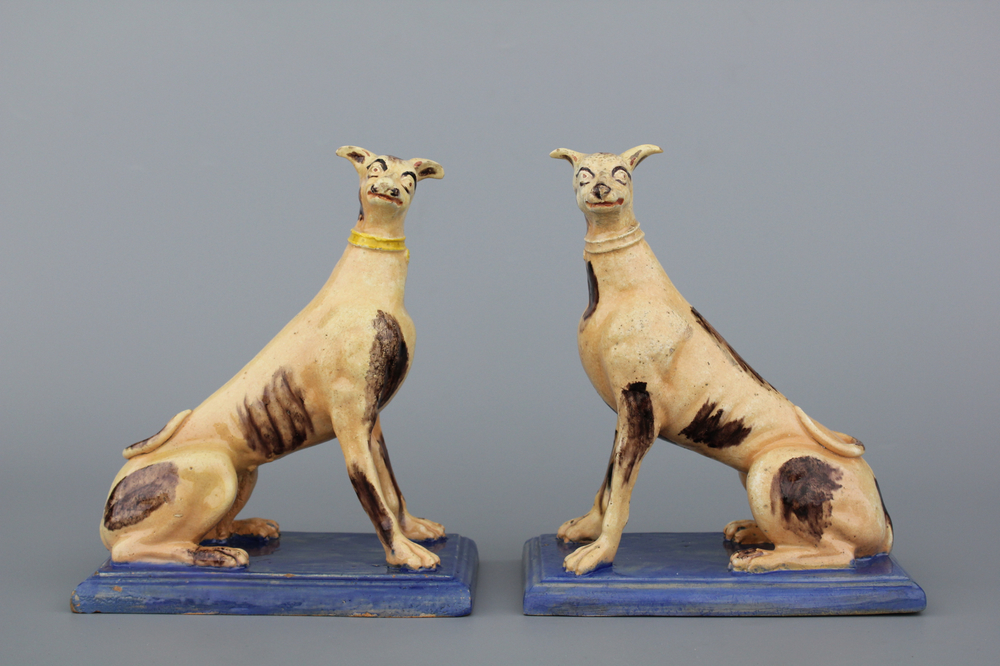 A pair of Brussels faience models of greyhounds, 18th C.