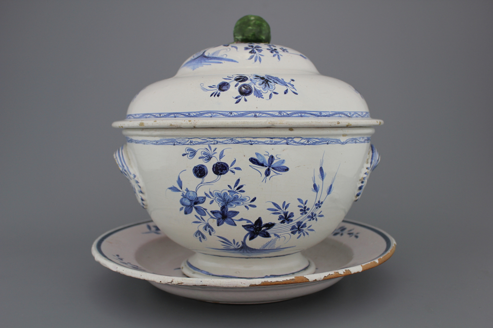 A rare Brussels faience blue and white tureen on stand, early 19th C.