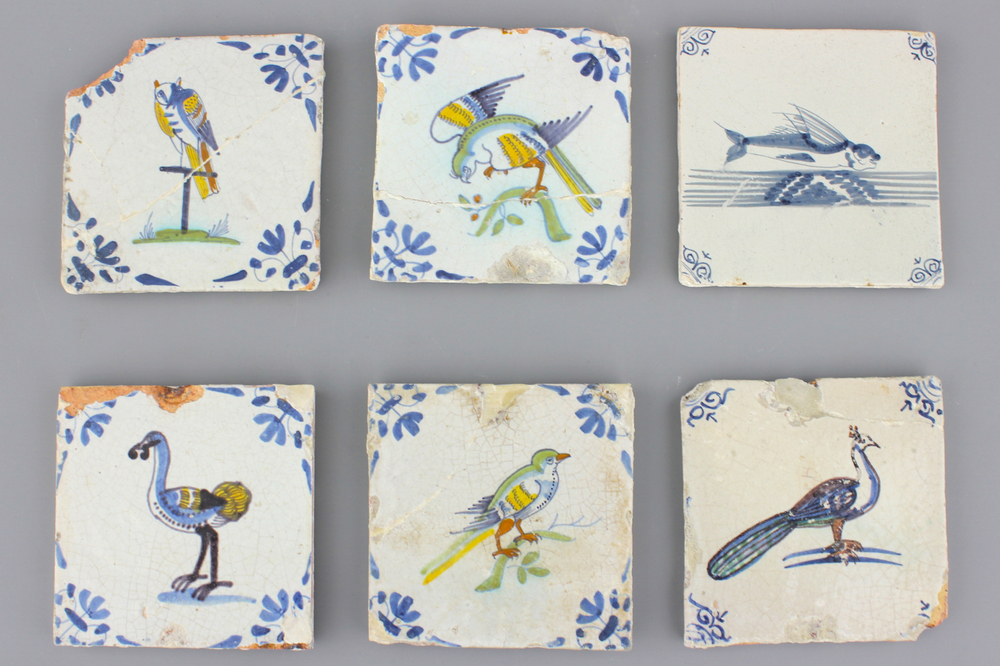 A set of 6 Dutch Delft polychrome and blue and white tiles, 17th C.