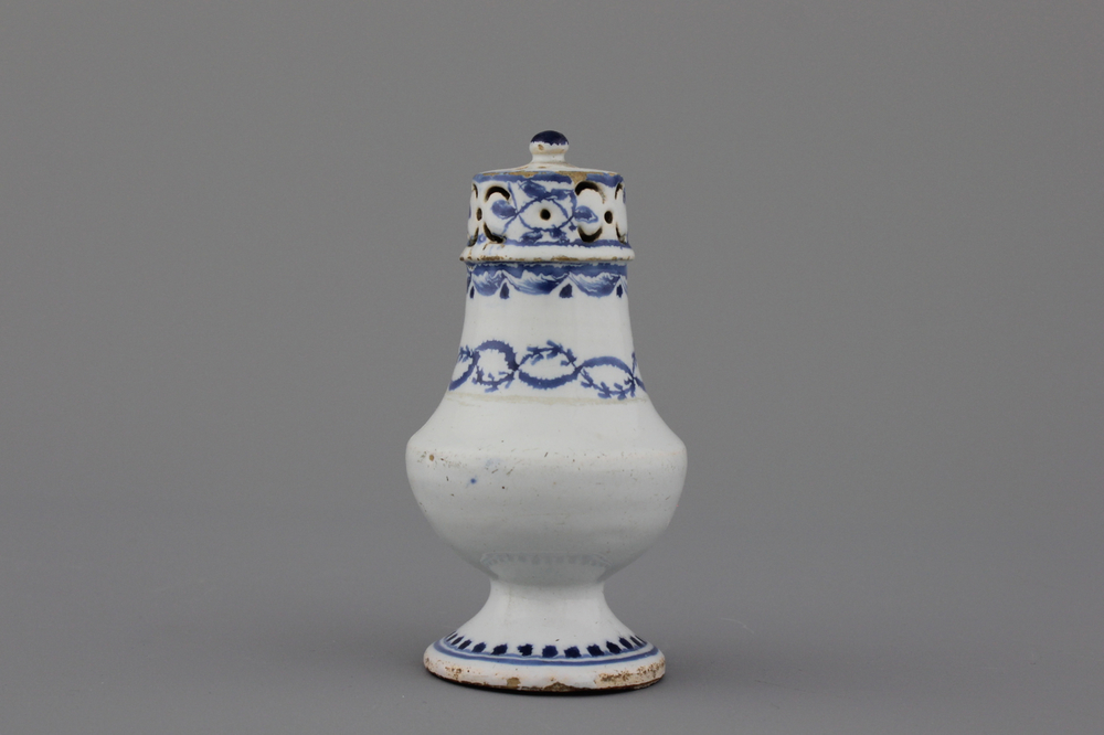 A Brussels faience blue and white caster, 18th C.
