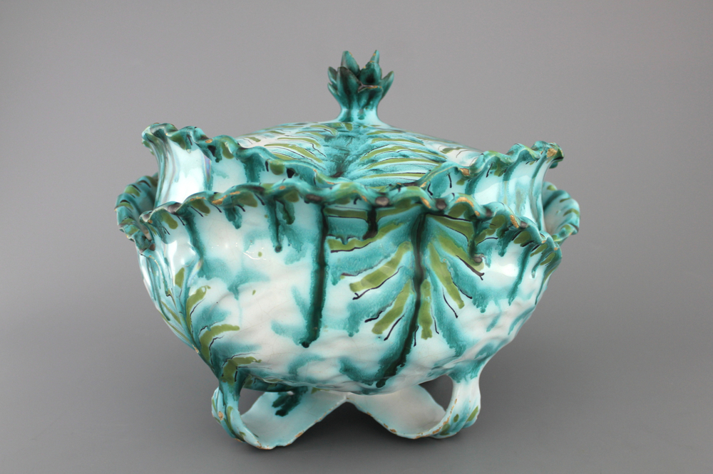 A Brussels faience cabbage shaped tureen and cover, 18th C.