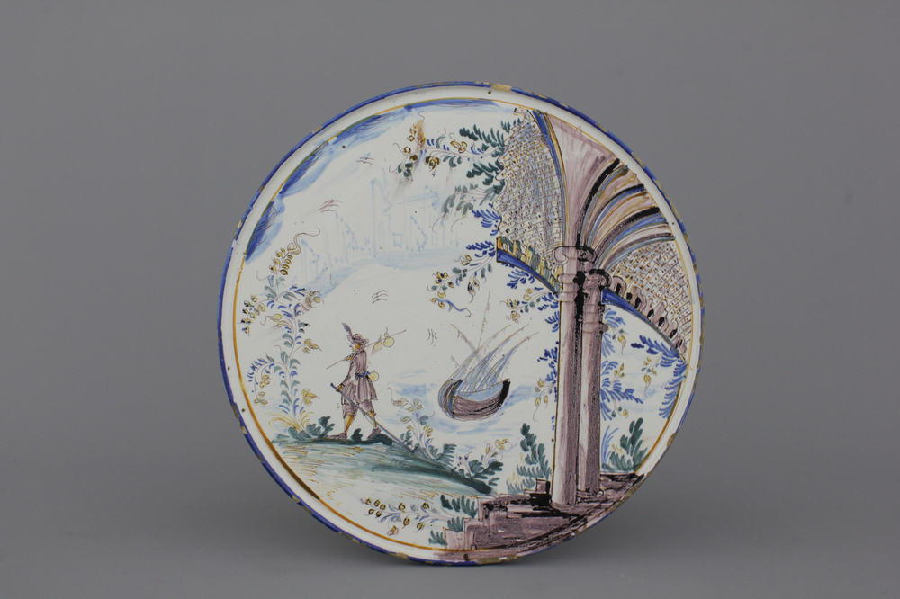 An Italian Pavia tazza with a maritime scene, 18th C.