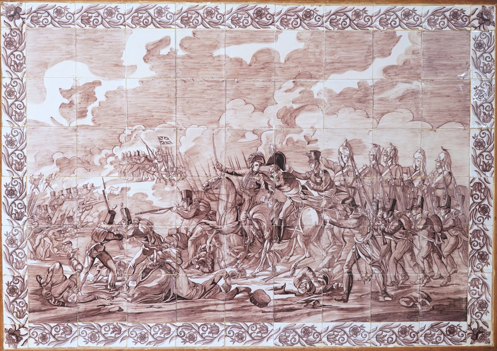 A large Dutch Delft manganese tile mural depicting the battle of Waterloo, ca. 1820