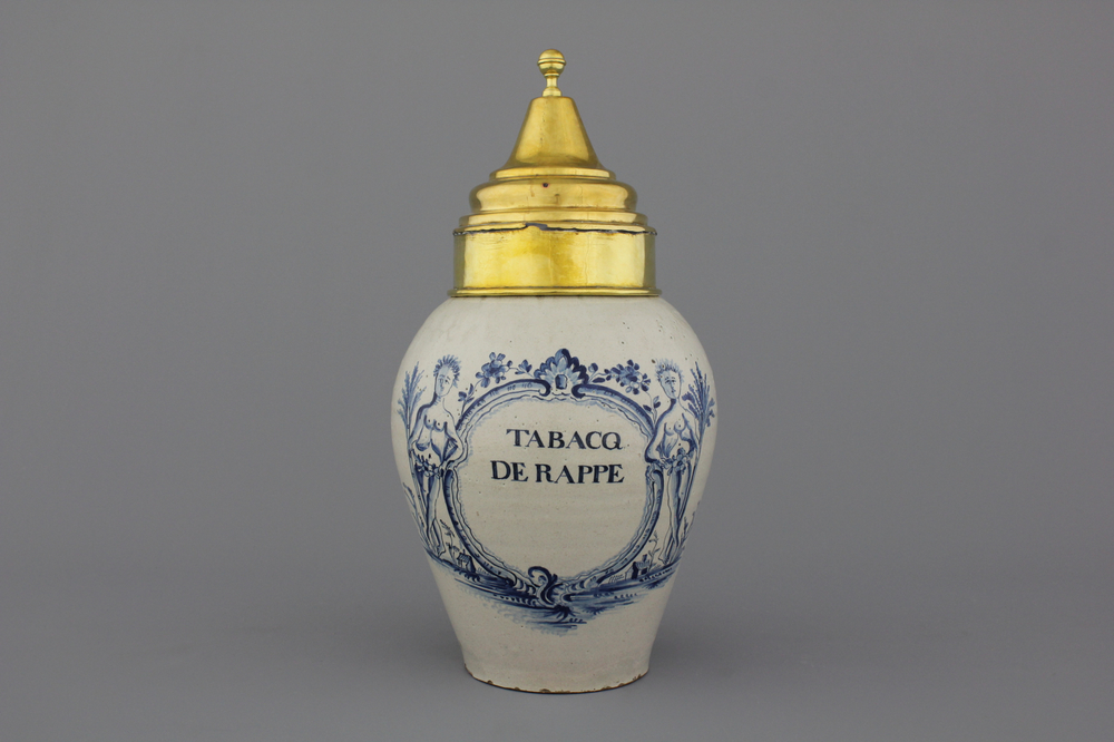 An exceptional Brussels or Lille Delftware tobacco jar &quot;TABACQ DE RAPPE&quot;, 18th C.
