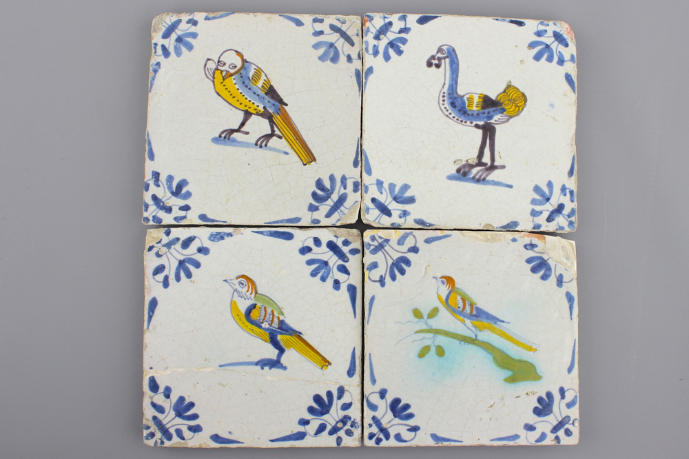 A set of 4 Dutch Delft polychrome bird tiles, 17th C.