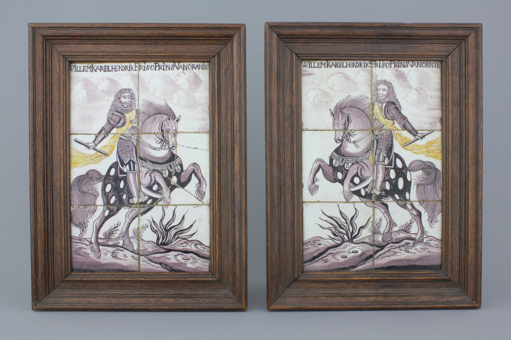 Paire de carreaux muraux rare en fa&iuml;ence de Delft, mangan&egrave;se et jaune, d&eacute;cor portraits de cavaliers royaux, 1e moiti&eacute; 18e
