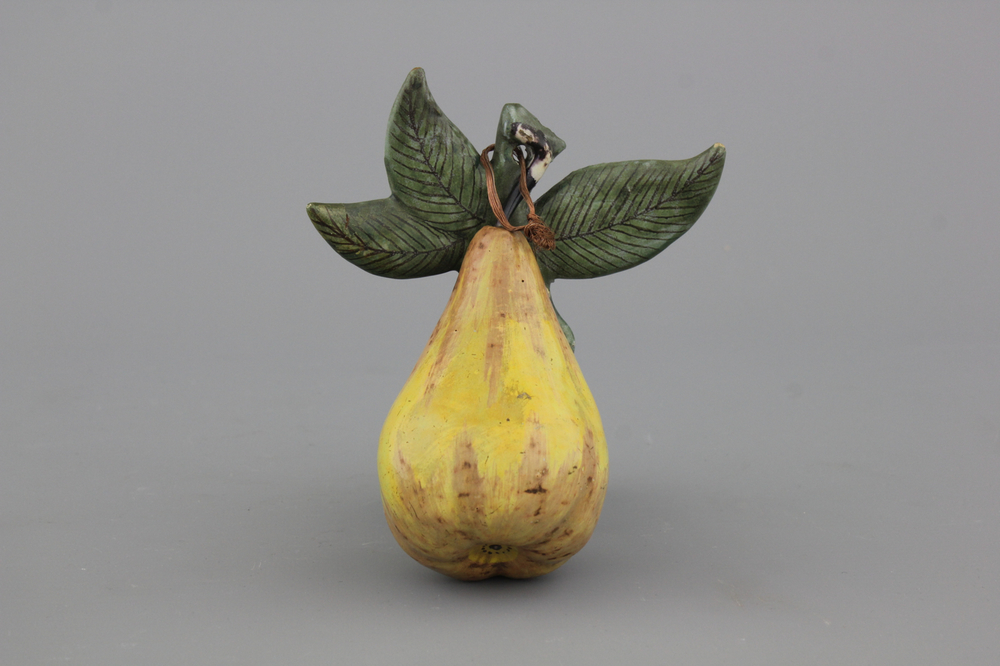 A Dutch Delft polychrome model of a pear, 18th C.