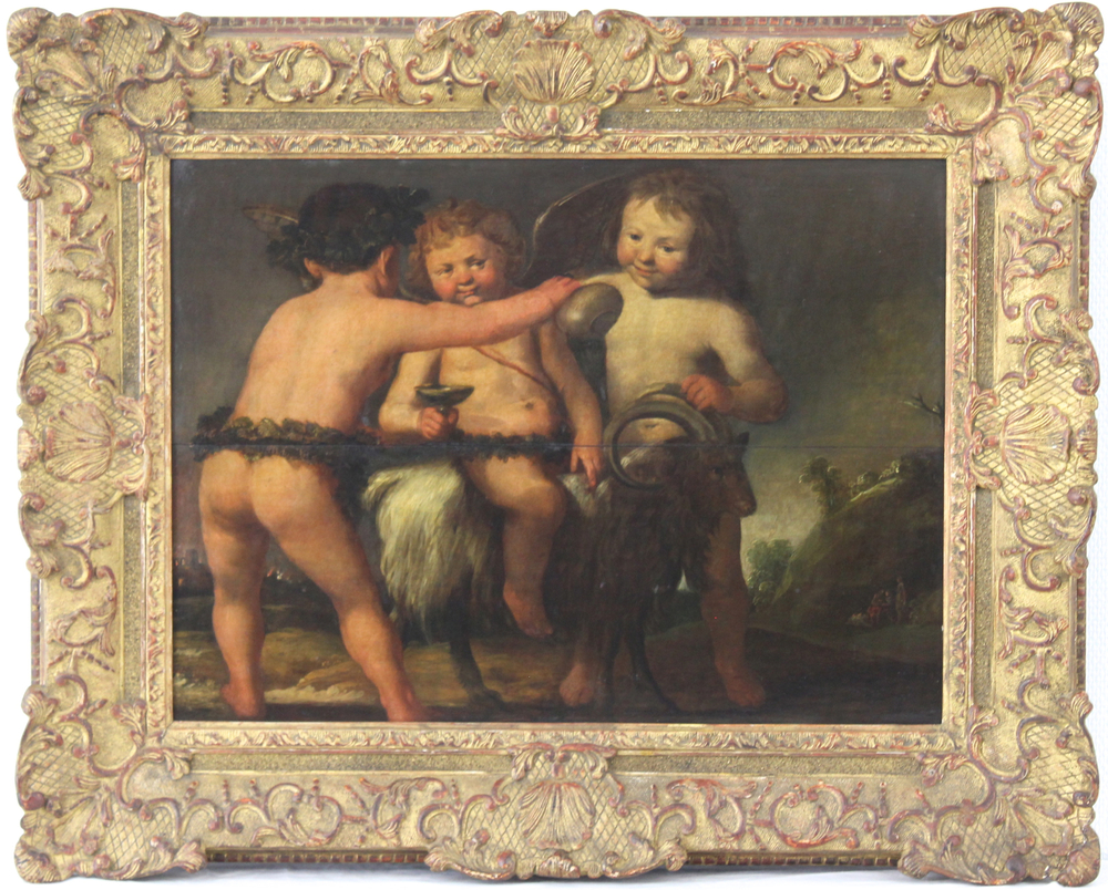 Salomon de Bray (1597-1674), attr., &quot;Trois putti jouant avec une ch&ecirc;vre&quot;, huile sur panneau