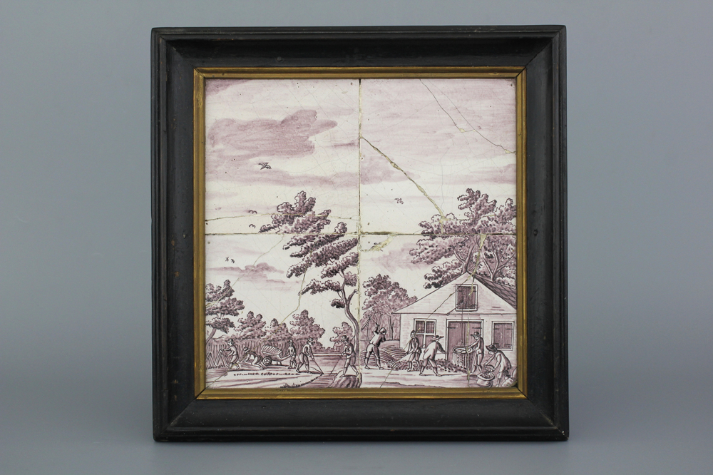 A Dutch Delft framed manganese four-tile panel with a farming scene, 18th C.