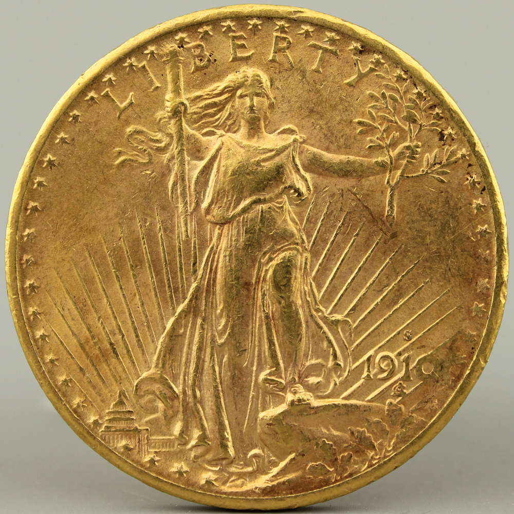 A gold coin, Saint Gaudens Double Eagle, 1910, $20