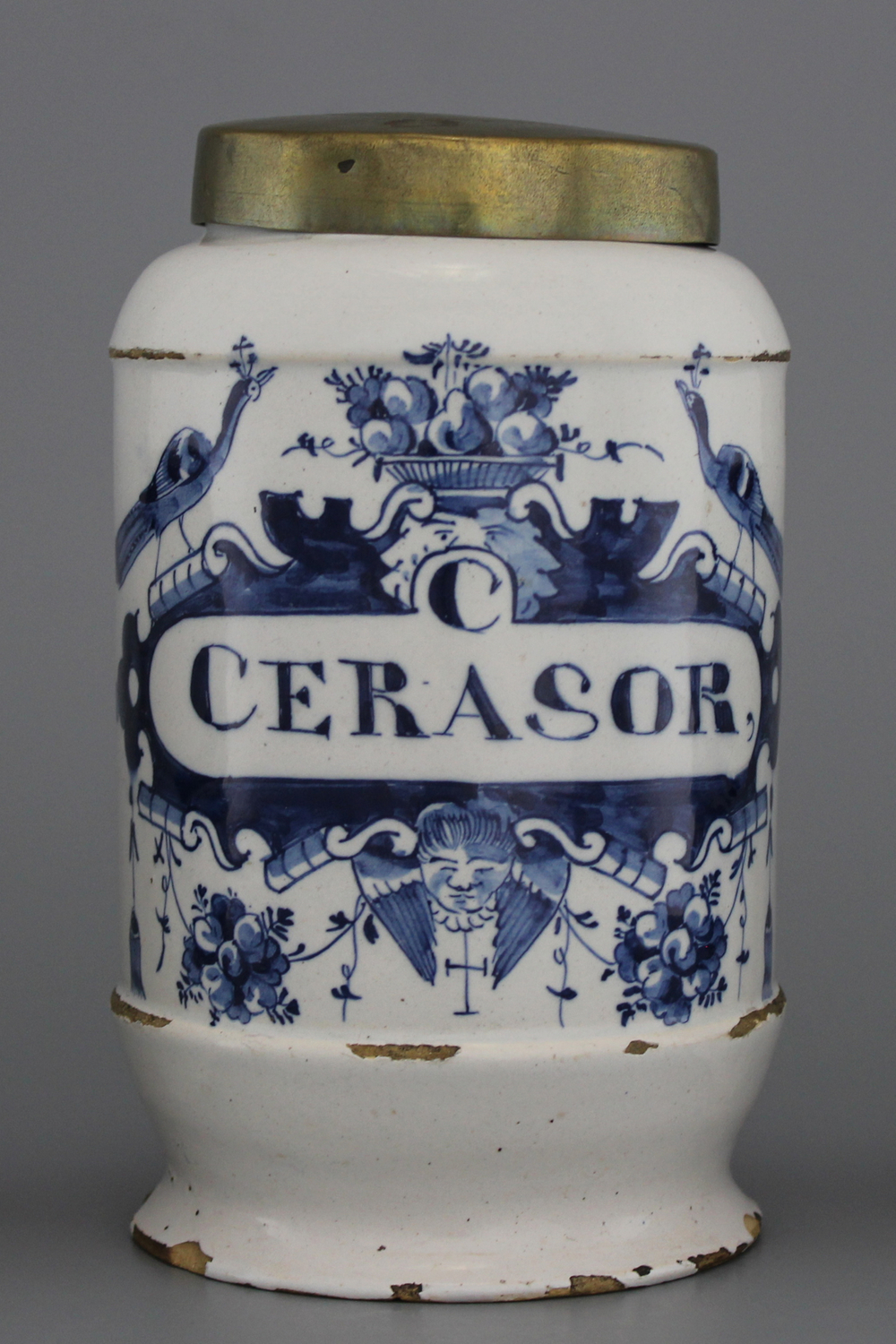 A Dutch Delft blue and white pharmacy jar, albarello form, 18th C.
