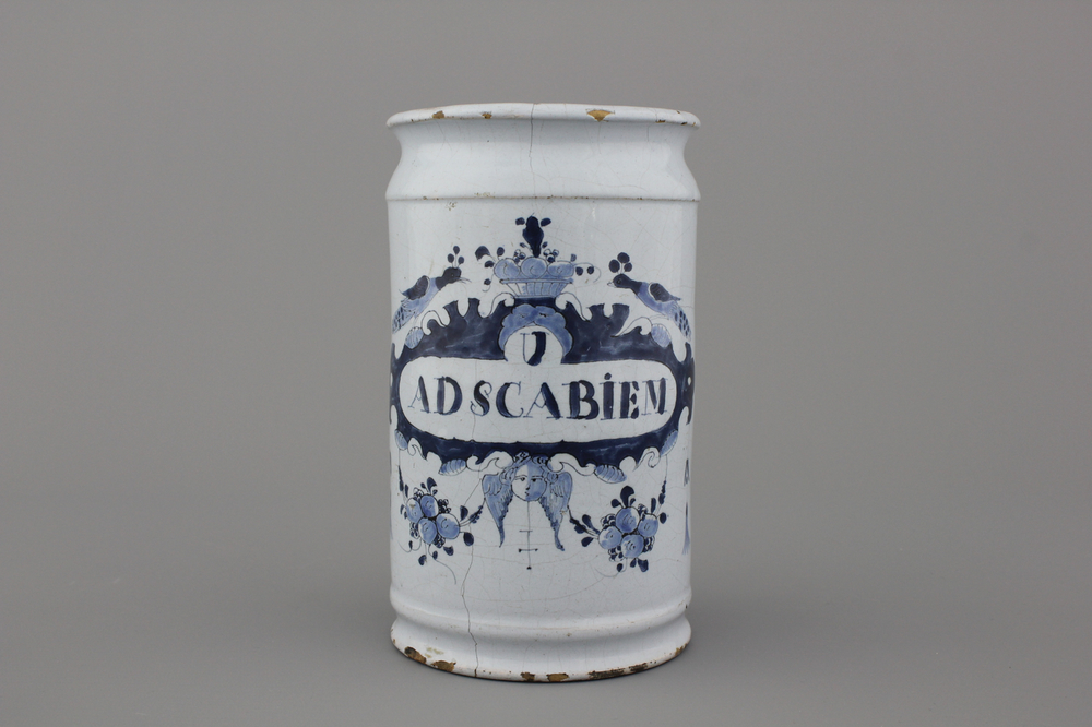 A Dutch Delft blue and white pharmacy jar, 18th C.