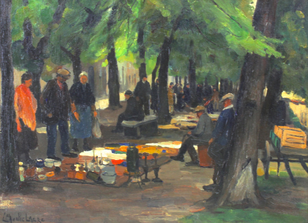 Leo Mechelaere (1880-1964), Zicht op de vlooienmarkt langs de Dijver te Brugge
