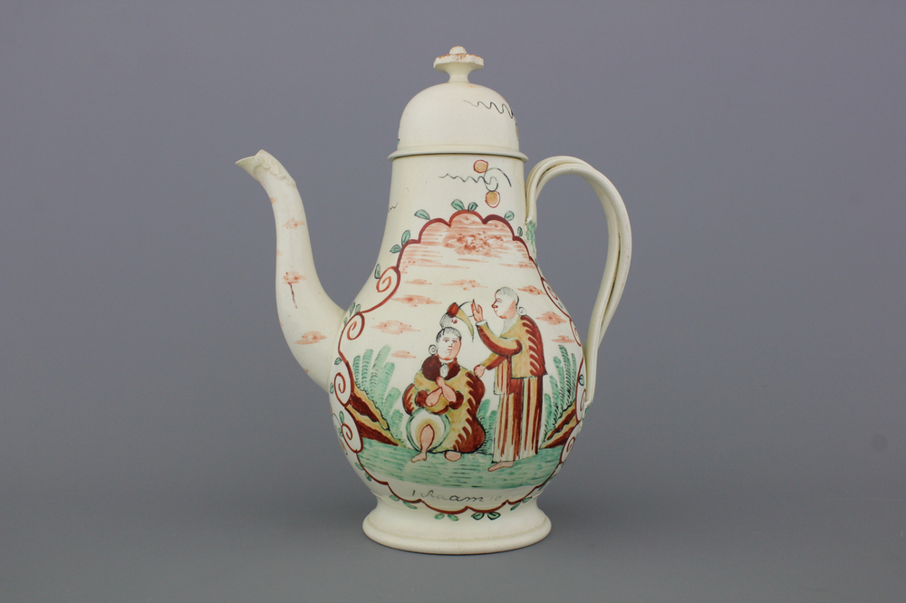 A Dutch-decorated English Leeds creamware coffee jug and lid, 18th C.