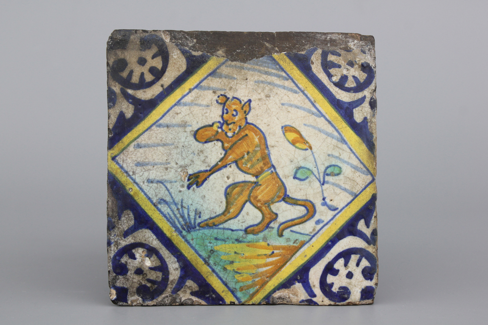 A polcyhrome Antwerp maiolica tile with a monkey, ca. 1600
