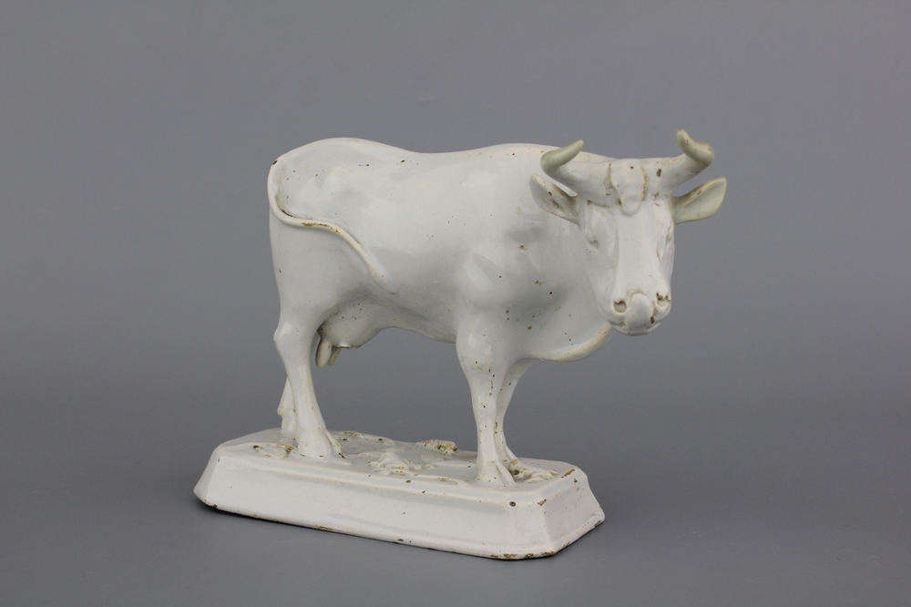 A white Delft model of a standing cow, 18th C.