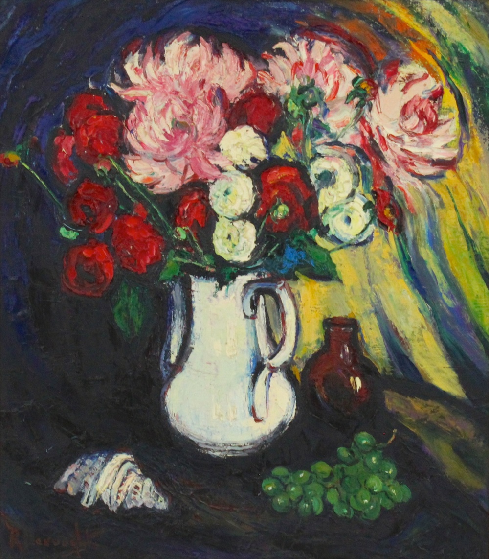 Robertine Devooght (1904-1979), Stilleven met bloemen, schelp en druiven