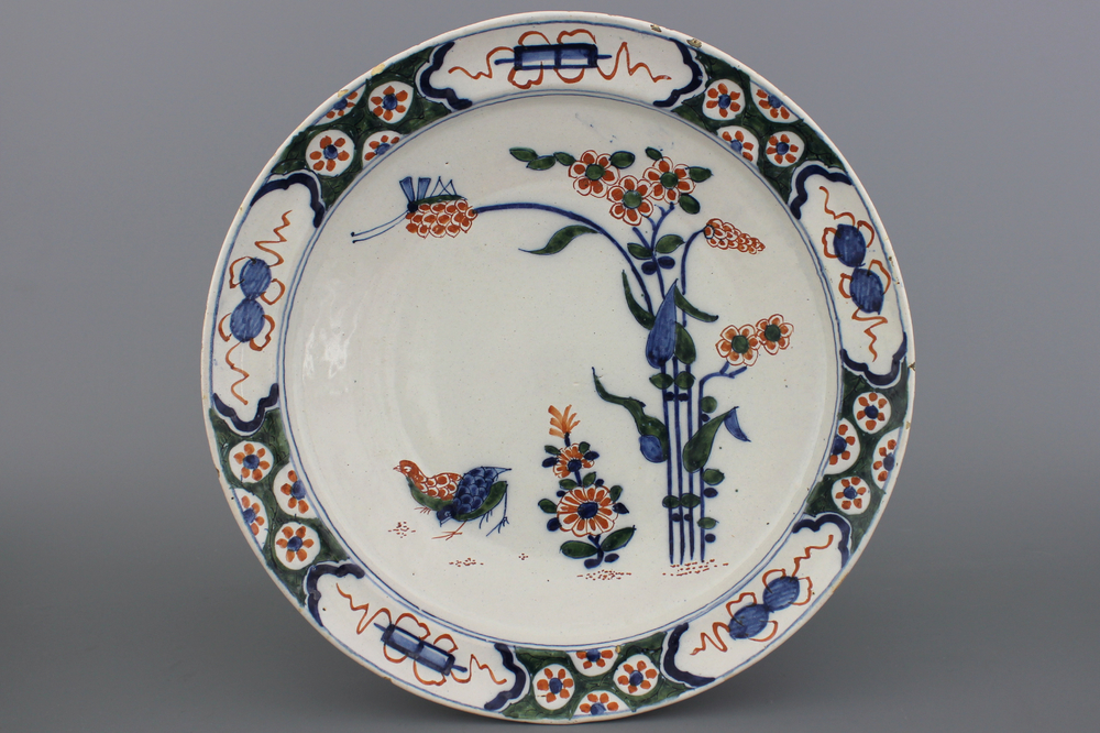 A Dutch Delft polychrome kakiemon style quail dish early 18th C.