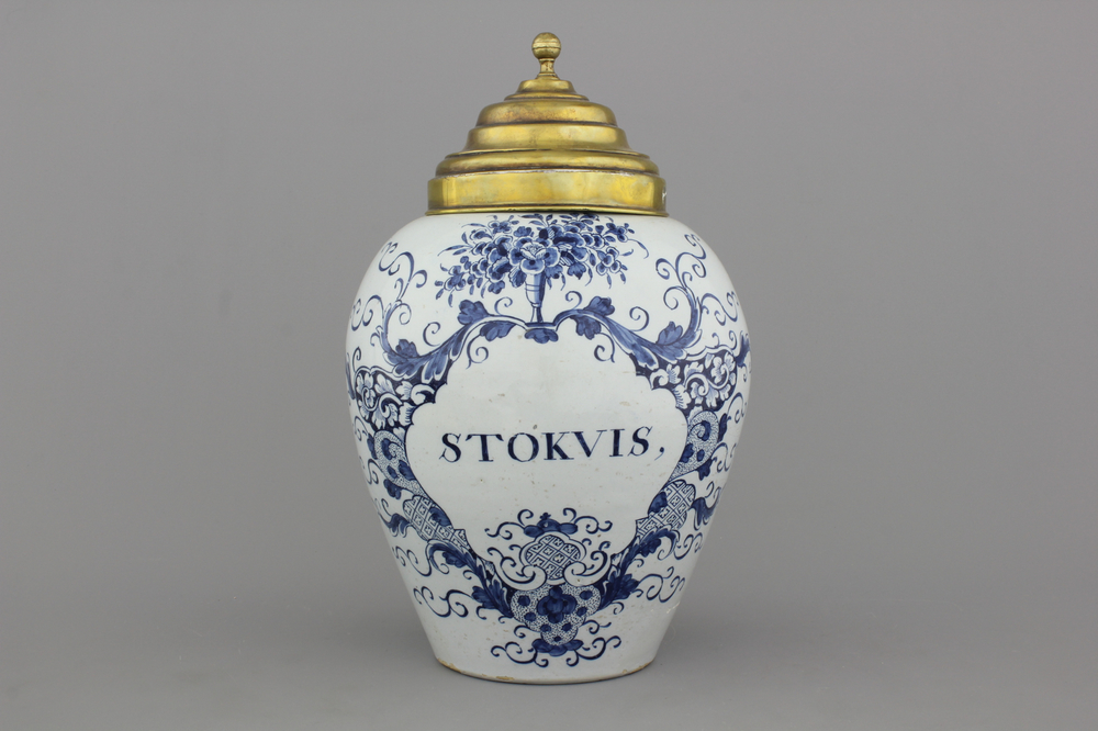A large Dutch Delft tobacco jar, &quot;Stokvis&quot;, 18th C.