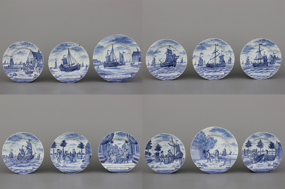 Lot van 12 blauw en witte Delftse borden met decor van de &quot;Haringvangst&quot;, 18e eeuw