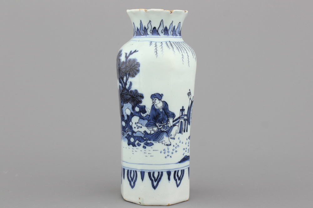 A Dutch Delft chinoiserie Ming style rouleau vase, 17th C.