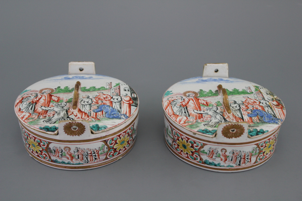 A pair of very fine Dutch Delft petit feu butter tubs with biblical scenes, early 18th C.