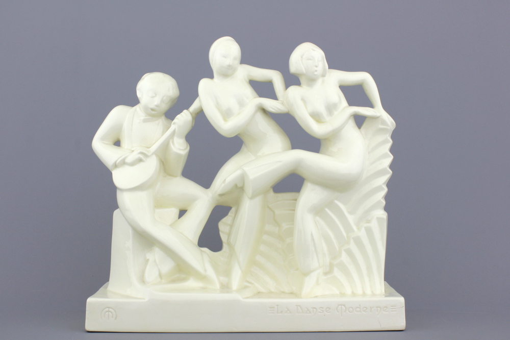 Zeldzame Boch Keramis sculptuur &quot;La Dance Moderne&quot;, ontwerp Charles Catteau, 20e eeuw
