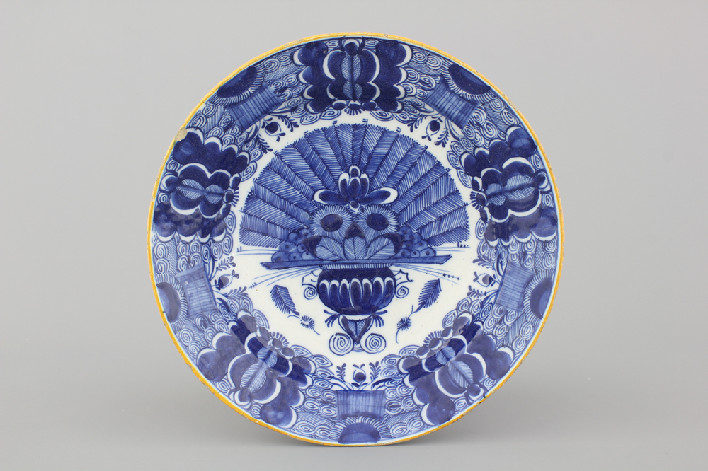 A Dutch Delft blue and white peacock's tail dish, 18th C.