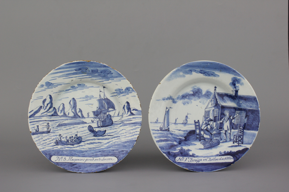 A pair of Dutch Delft &quot;Herring Fishery&quot; plates, ca. 1750