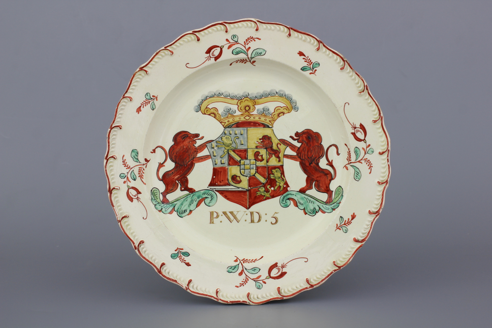 A rare Dutch-decorated English Leeds creamware royal armorial plate, 18th C.