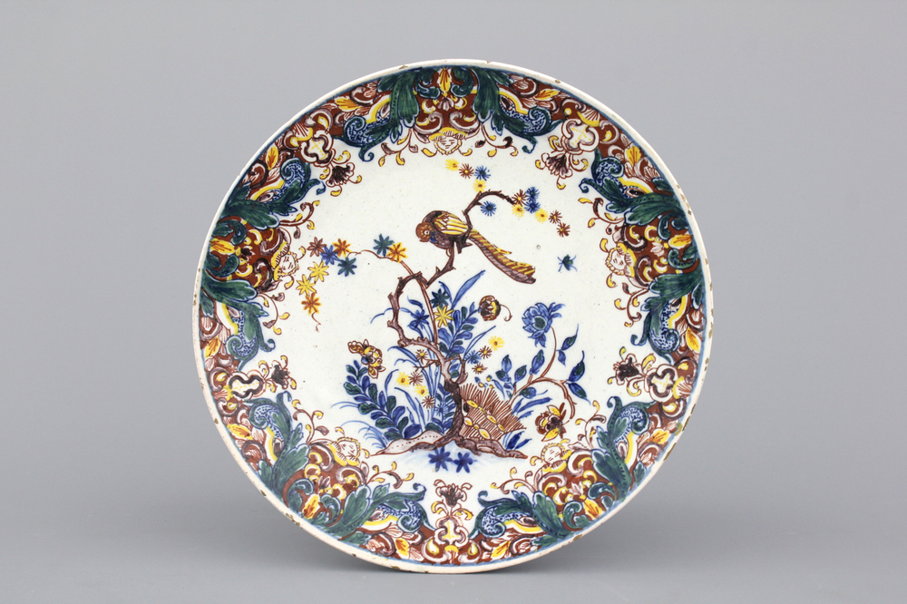 An unusual Dutch Delft polychrome kakiemon style plate, 18th C.