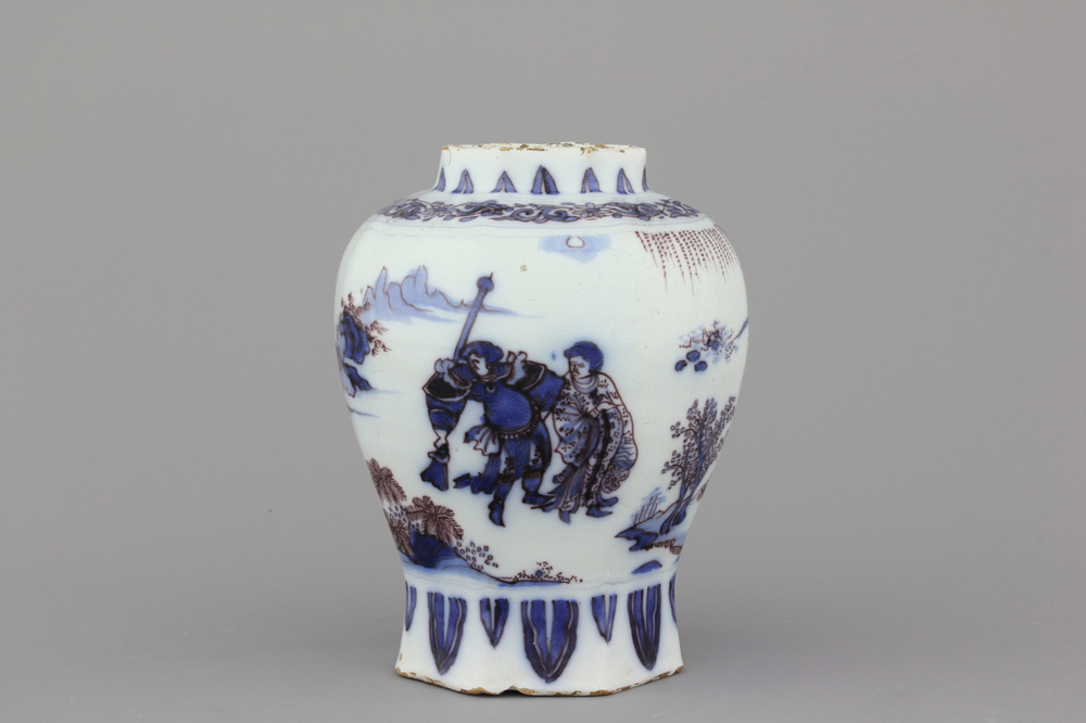 A Dutch Delft blue, manganese and white vase, 17th C.